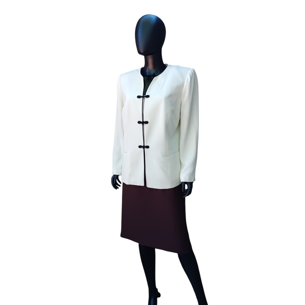 Vintage Le Suit 2 Piece Skirt Suit White Frog Closure Jacket Brown Skirt 14W